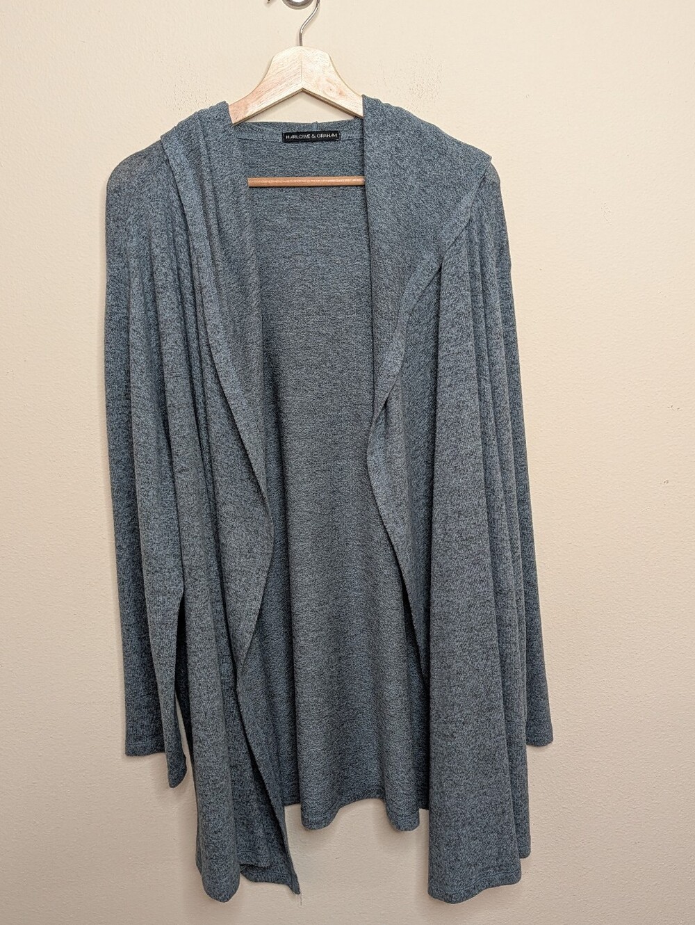Harlowe & Graham Blue Gray Hooded Open Front Cardigan Draped Waterfall 2X